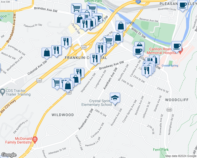 map of restaurants, bars, coffee shops, grocery stores, and more near 2503 Longview Avenue Southwest in Roanoke