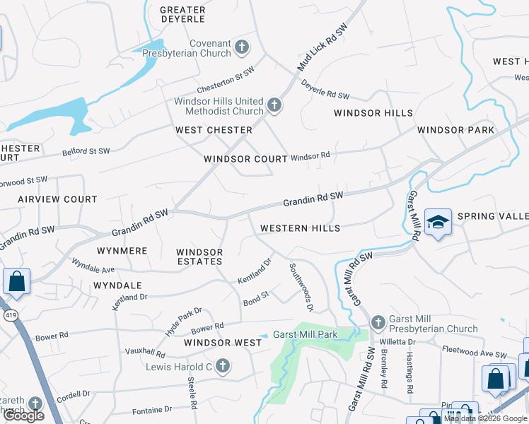 map of restaurants, bars, coffee shops, grocery stores, and more near 3588 Grandin Road in Cave Spring