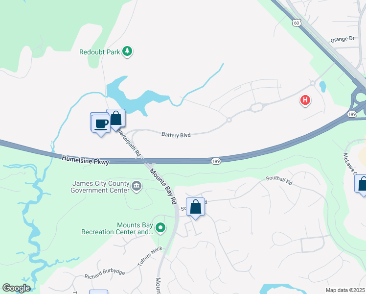 map of restaurants, bars, coffee shops, grocery stores, and more near 4301 Battery Boulevard in Williamsburg