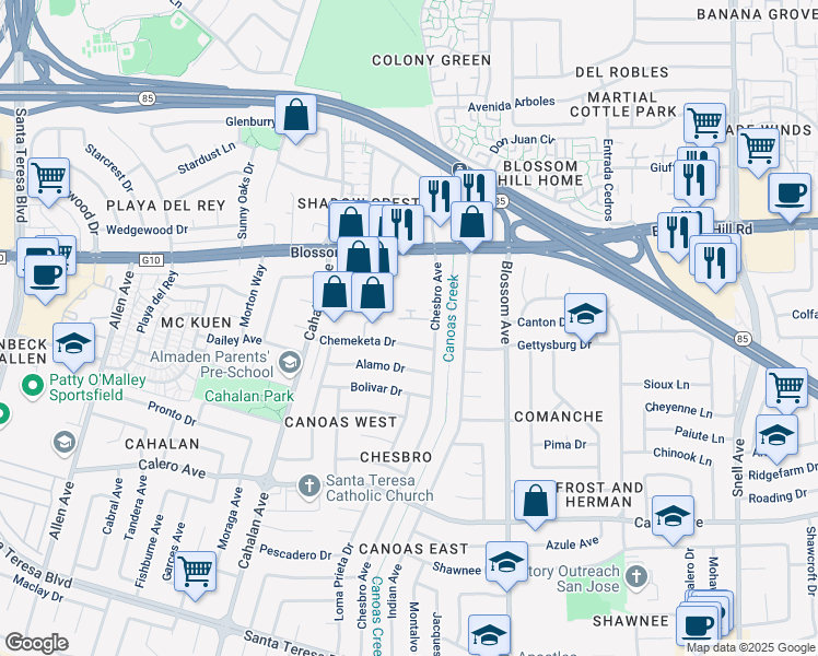 map of restaurants, bars, coffee shops, grocery stores, and more near 5723 Saxony Court in San Jose