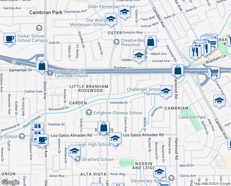 map of restaurants, bars, coffee shops, grocery stores, and more near 4939 Mary Jane Way in San Jose