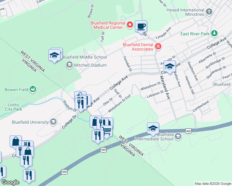 map of restaurants, bars, coffee shops, grocery stores, and more near 1625 Golf Avenue in Bluefield