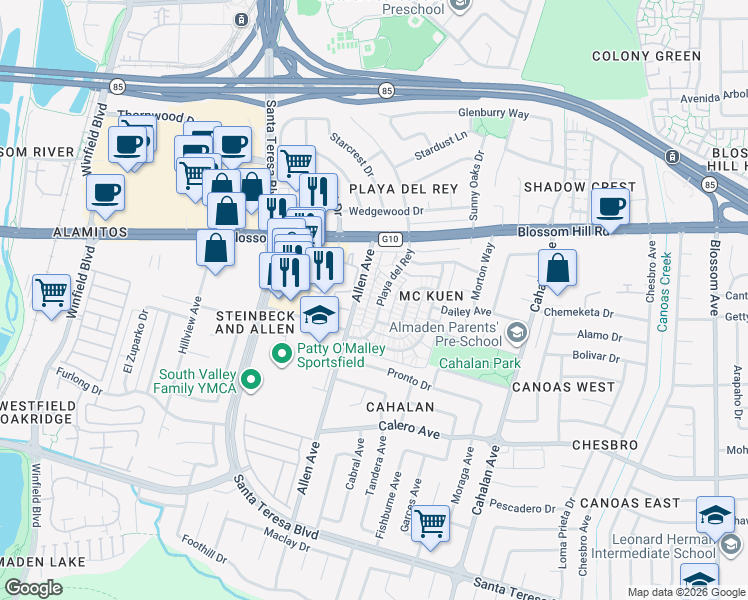 map of restaurants, bars, coffee shops, grocery stores, and more near 5683 Playa del Rey in San Jose