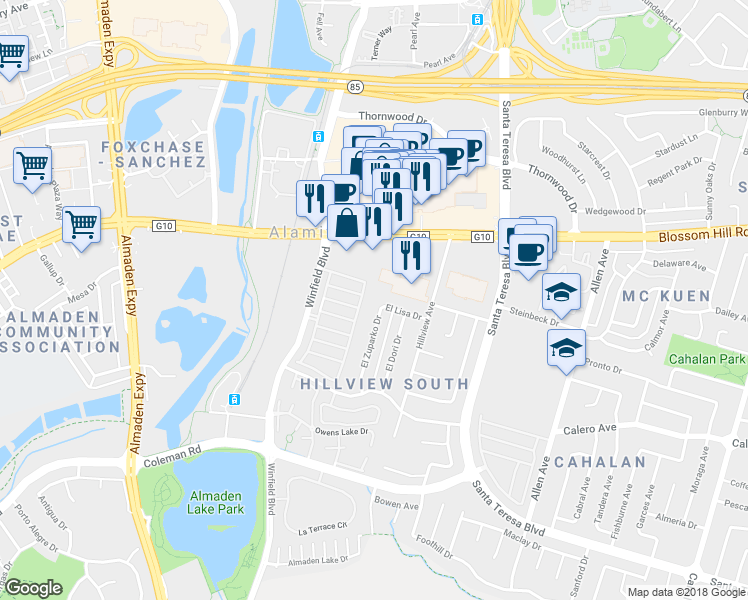 map of restaurants, bars, coffee shops, grocery stores, and more near 5803 El Zuparko Drive in San Jose