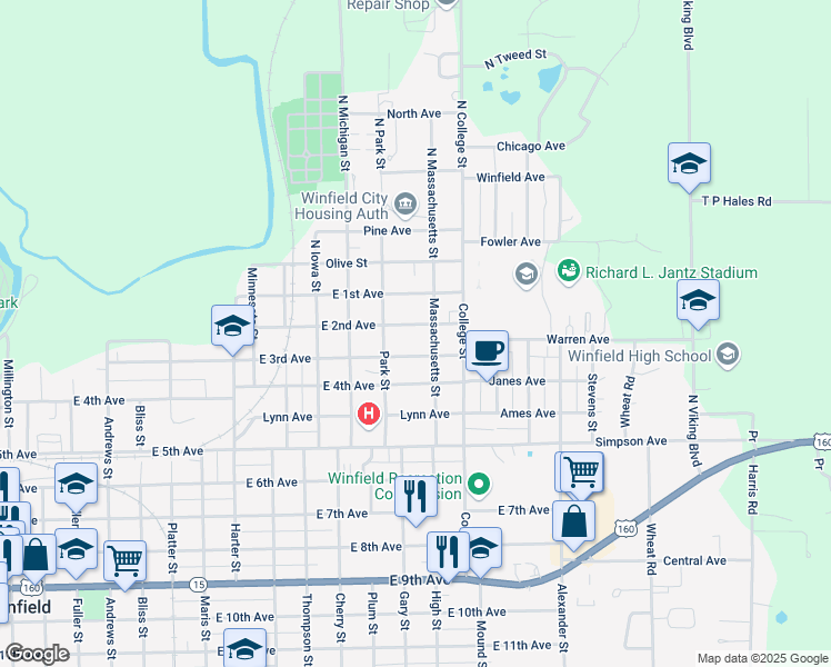 map of restaurants, bars, coffee shops, grocery stores, and more near 204-298 Park Street in Winfield
