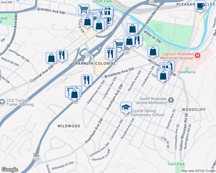 map of restaurants, bars, coffee shops, grocery stores, and more near 2501 Longview Avenue Southwest in Roanoke