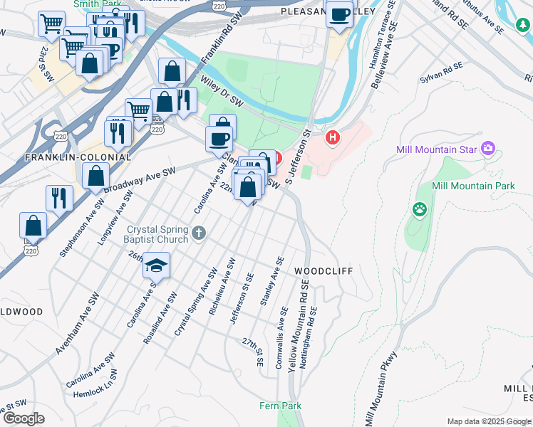 map of restaurants, bars, coffee shops, grocery stores, and more near 2201 Jefferson Street Southwest in Roanoke
