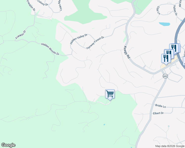map of restaurants, bars, coffee shops, grocery stores, and more near 6566 Fairway Estates Drive in Roanoke