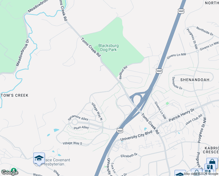 map of restaurants, bars, coffee shops, grocery stores, and more near 1222 Redbud Road in Blacksburg