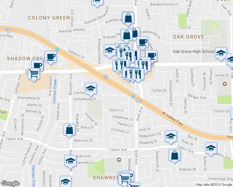 map of restaurants, bars, coffee shops, grocery stores, and more near 5696 Blackhawk Court in San Jose