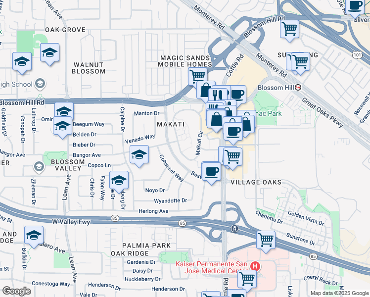 map of restaurants, bars, coffee shops, grocery stores, and more near 5602 Makati Circle in San Jose