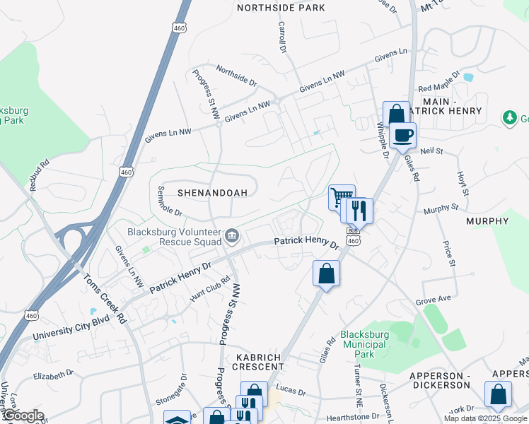 map of restaurants, bars, coffee shops, grocery stores, and more near 301 Seminole Drive in Blacksburg