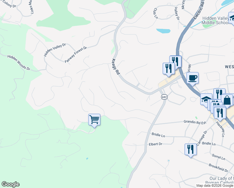 map of restaurants, bars, coffee shops, grocery stores, and more near 4801 Hickory Hill Drive in Cave Spring