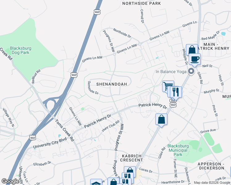 map of restaurants, bars, coffee shops, grocery stores, and more near 314 Seminole Drive in Blacksburg