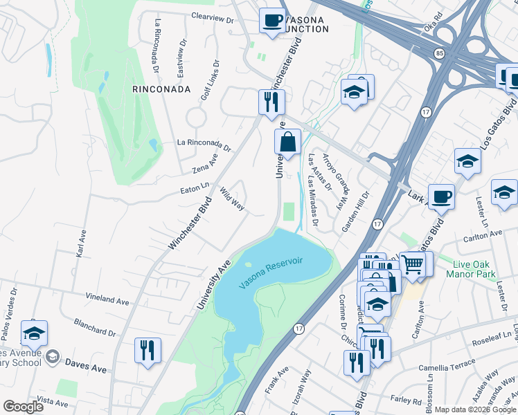 map of restaurants, bars, coffee shops, grocery stores, and more near 17051 Wild Way in Los Gatos