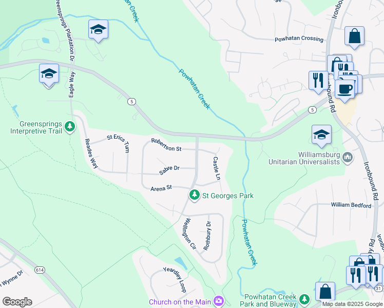 map of restaurants, bars, coffee shops, grocery stores, and more near 200 Saint Georges Boulevard in Williamsburg