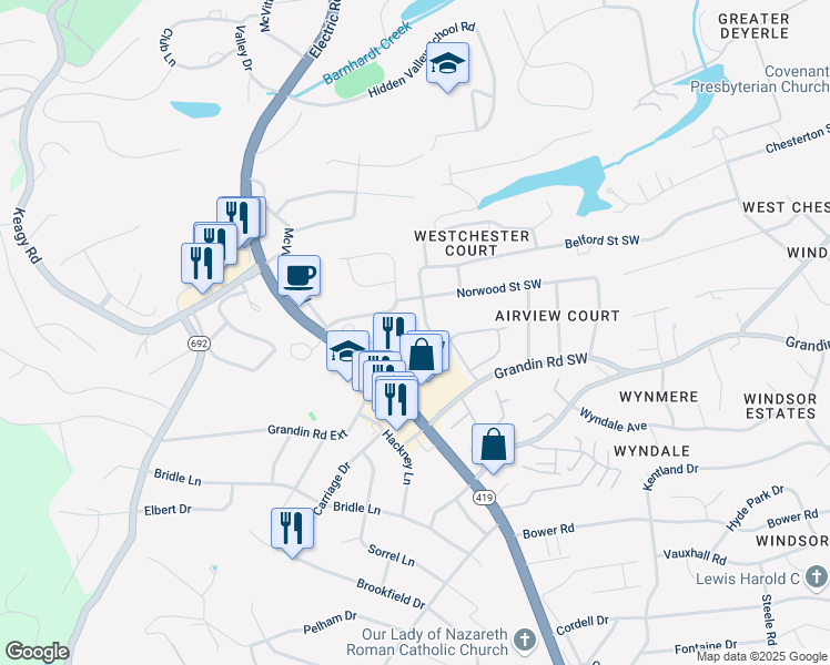 map of restaurants, bars, coffee shops, grocery stores, and more near 4915 Woodmar Drive Southwest in Roanoke