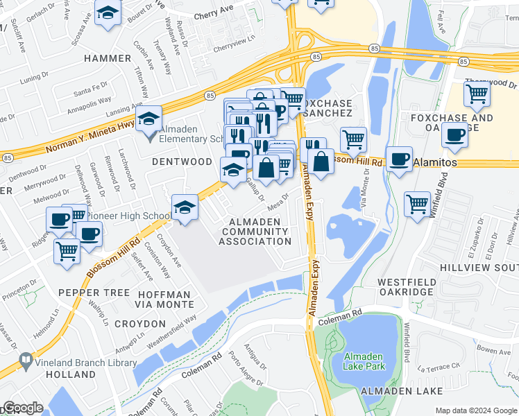 map of restaurants, bars, coffee shops, grocery stores, and more near 1171 Mesa Drive in San Jose