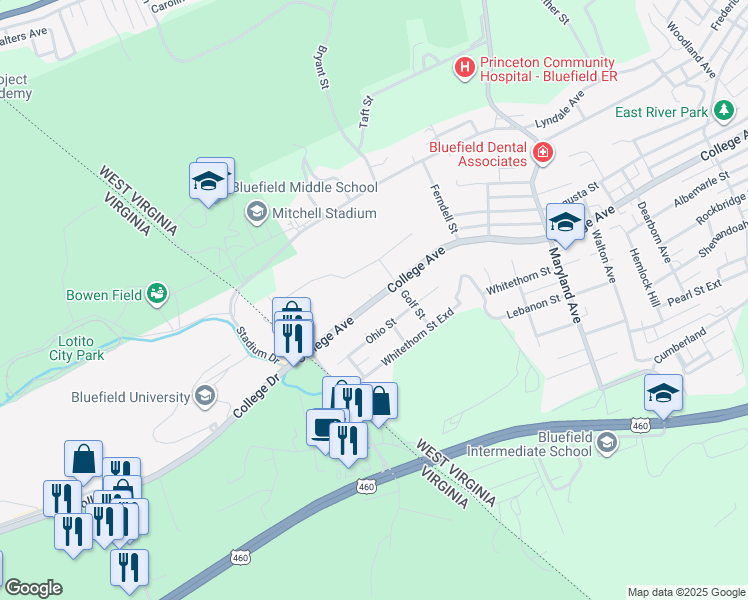 map of restaurants, bars, coffee shops, grocery stores, and more near 1816 College Avenue in Bluefield