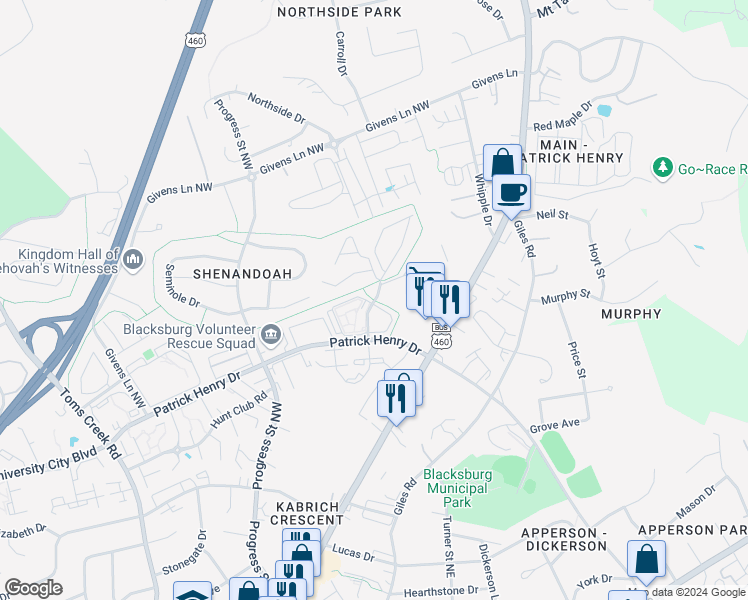 map of restaurants, bars, coffee shops, grocery stores, and more near 1533 Seneca Drive in Blacksburg