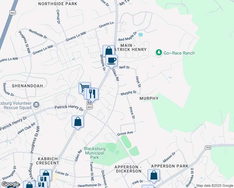 map of restaurants, bars, coffee shops, grocery stores, and more near 1298 Giles Road in Blacksburg