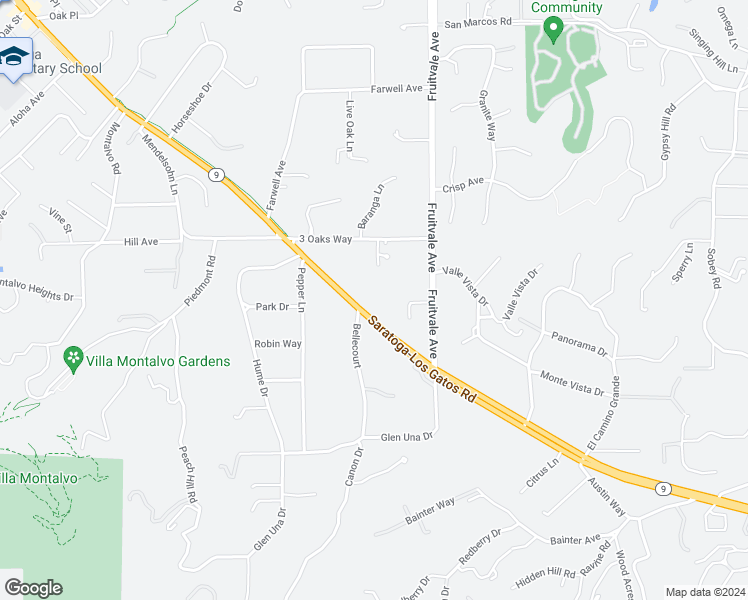 map of restaurants, bars, coffee shops, grocery stores, and more near 19661 Saratoga-Los Gatos Road in Saratoga