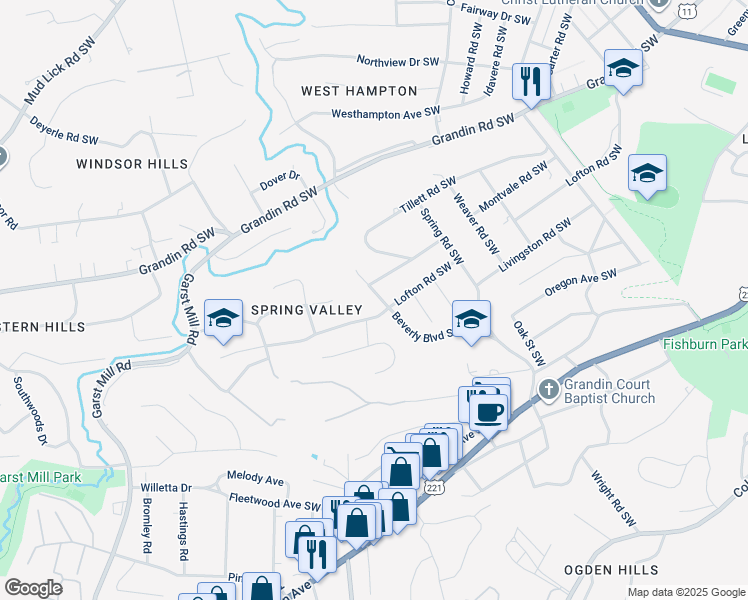 map of restaurants, bars, coffee shops, grocery stores, and more near 2679 Beverly Boulevard Southwest in Roanoke
