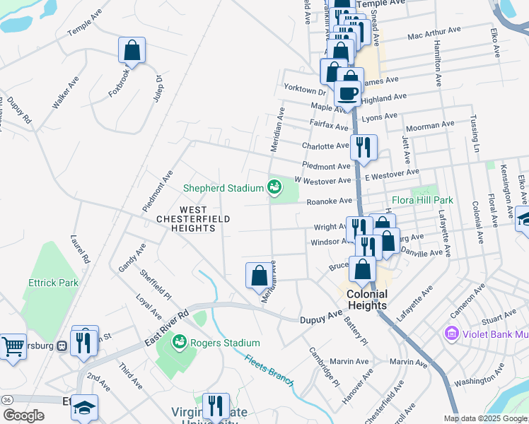 map of restaurants, bars, coffee shops, grocery stores, and more near in Colonial Heights