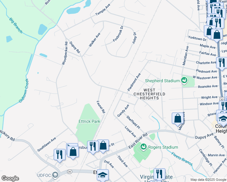 map of restaurants, bars, coffee shops, grocery stores, and more near 3601 Dupuy Road in Petersburg