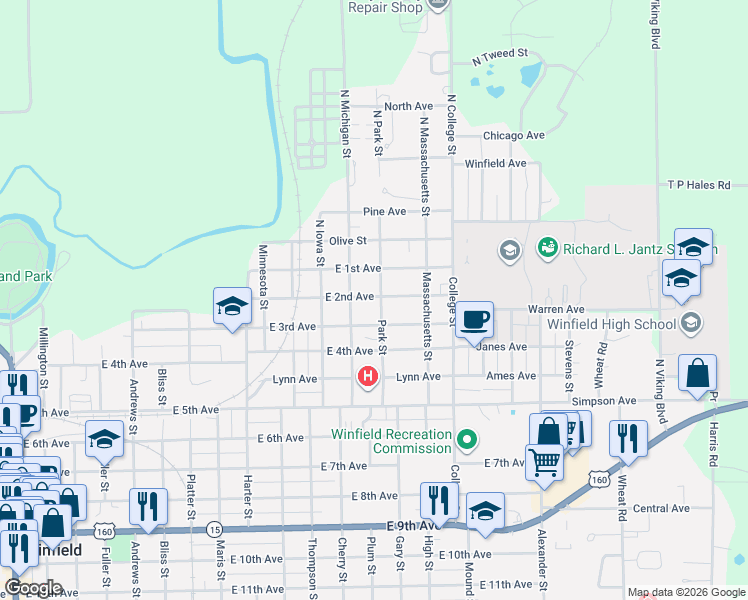map of restaurants, bars, coffee shops, grocery stores, and more near 208 Michigan Street in Winfield