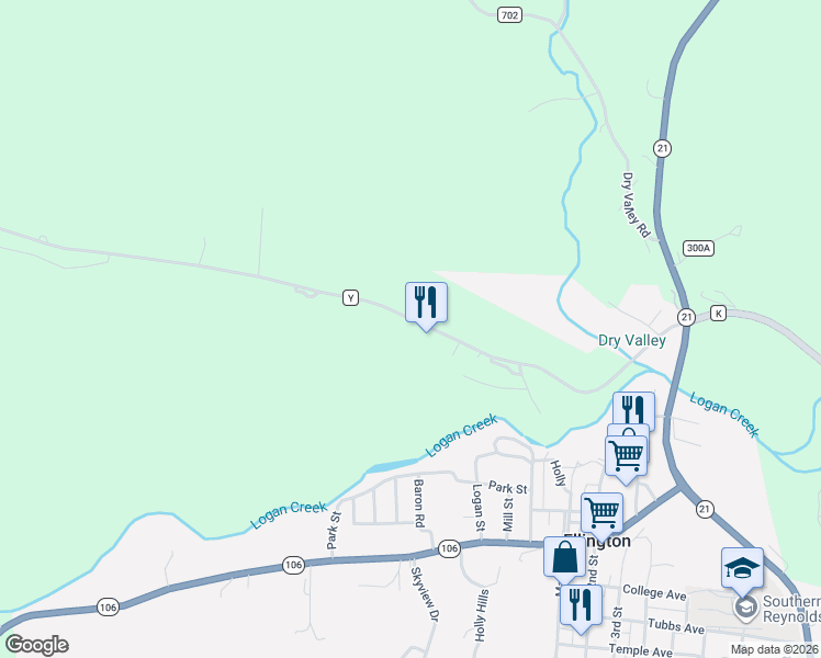 map of restaurants, bars, coffee shops, grocery stores, and more near 672 Highway Y in Ellington