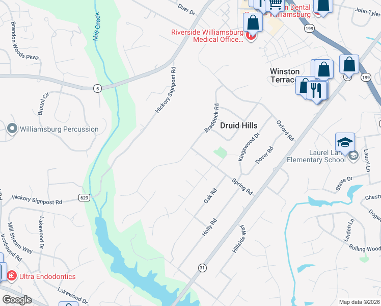 map of restaurants, bars, coffee shops, grocery stores, and more near 134 Braddock Road in Williamsburg