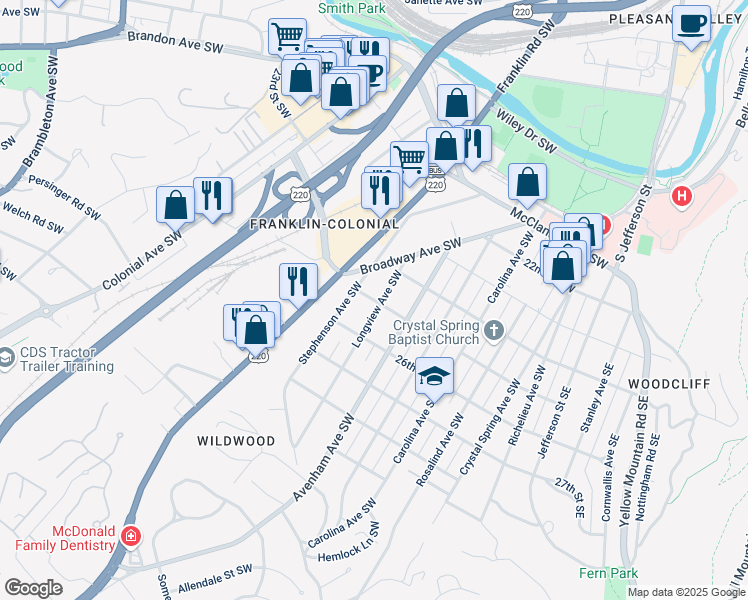 map of restaurants, bars, coffee shops, grocery stores, and more near 725 25th Street Southwest in Roanoke