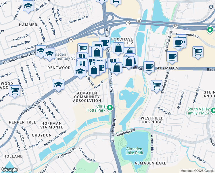 map of restaurants, bars, coffee shops, grocery stores, and more near 5715 Almaden Road in San Jose