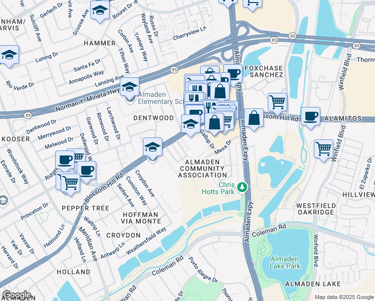map of restaurants, bars, coffee shops, grocery stores, and more near 5650 Hoffman Court in San Jose