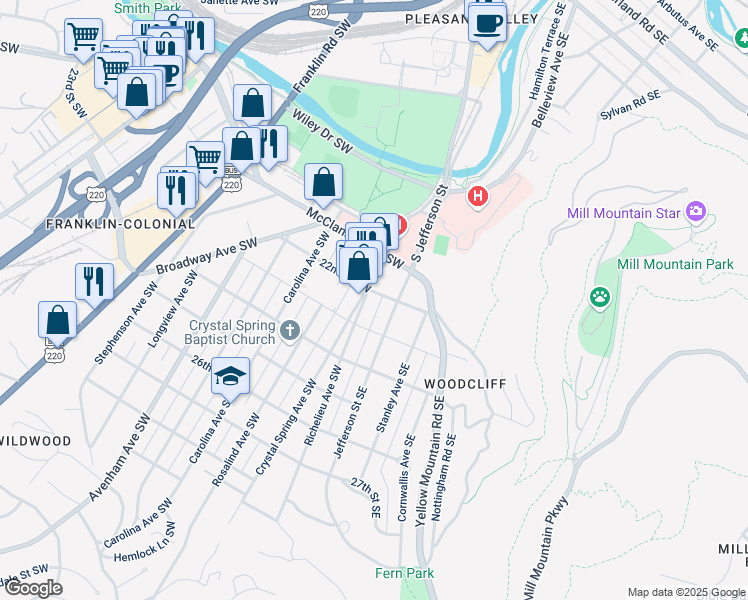 map of restaurants, bars, coffee shops, grocery stores, and more near 2201 Jefferson Street Southwest in Roanoke