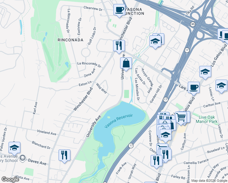 map of restaurants, bars, coffee shops, grocery stores, and more near 17051 Wild Way in Los Gatos