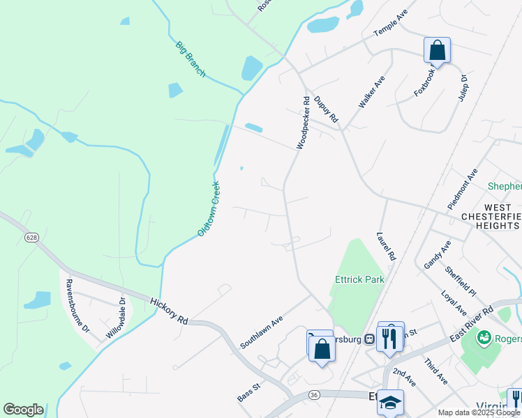 map of restaurants, bars, coffee shops, grocery stores, and more near 4110 Bollinger Drive in Petersburg