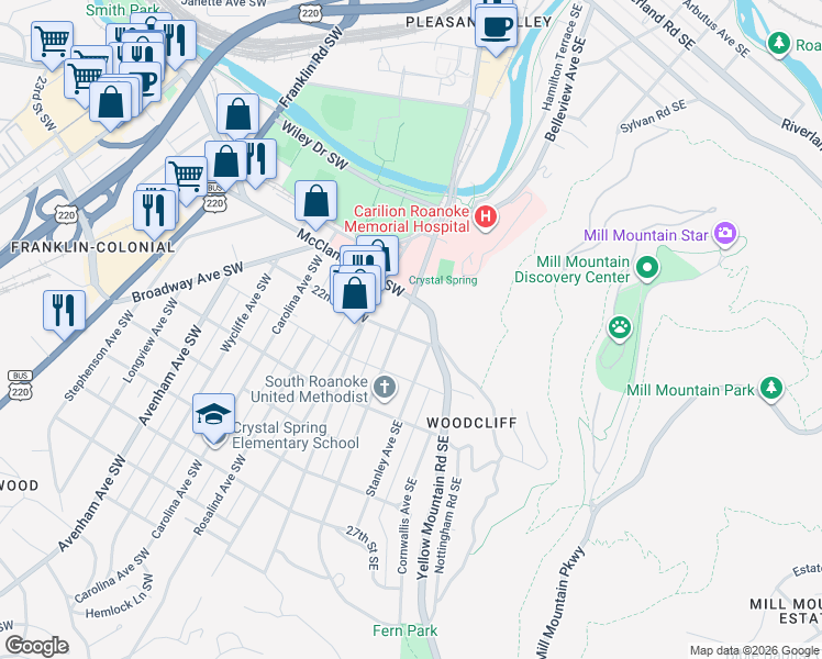 map of restaurants, bars, coffee shops, grocery stores, and more near 2125 Yellow Mountain Road Southeast in Roanoke