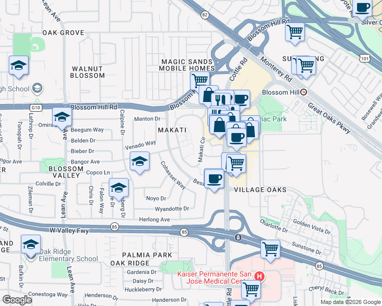 map of restaurants, bars, coffee shops, grocery stores, and more near 5696 Makati Circle in San Jose