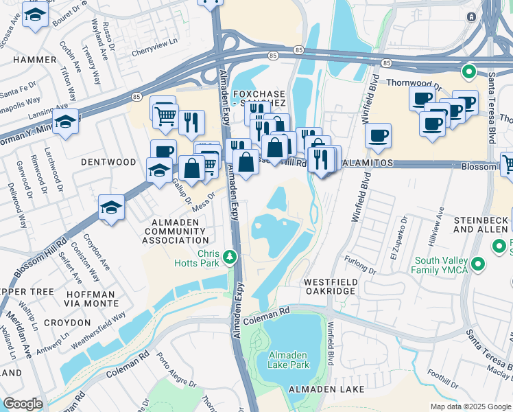 map of restaurants, bars, coffee shops, grocery stores, and more near 5750 Almaden Expressway in San Jose
