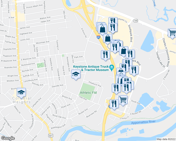 map of restaurants, bars, coffee shops, grocery stores, and more near 703 Conduit Road in Colonial Heights