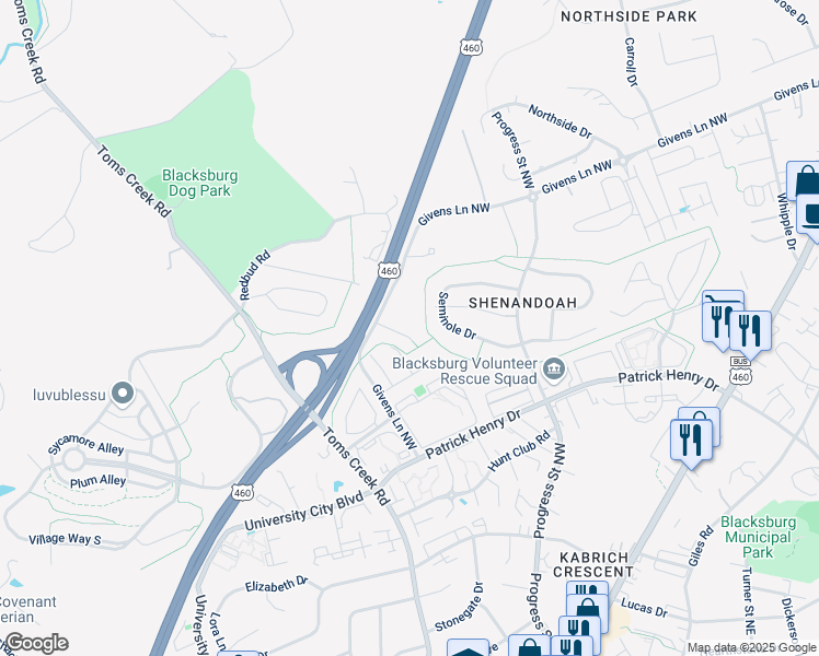 map of restaurants, bars, coffee shops, grocery stores, and more near 1400 Ashford Court in Blacksburg