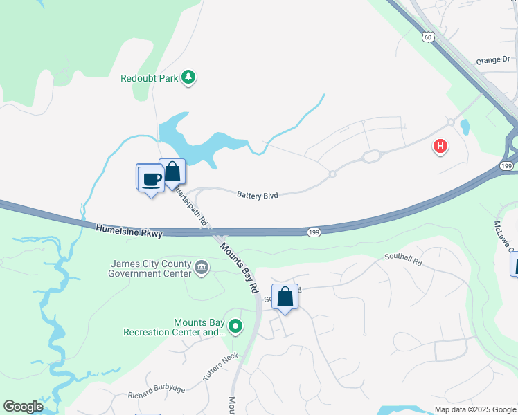 map of restaurants, bars, coffee shops, grocery stores, and more near 4301 Battery Boulevard in Williamsburg