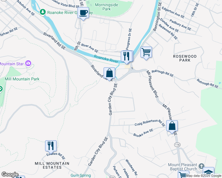 map of restaurants, bars, coffee shops, grocery stores, and more near 2237 Garden City Boulevard Southeast in Roanoke