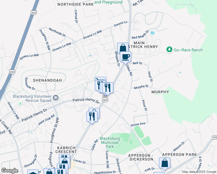 map of restaurants, bars, coffee shops, grocery stores, and more near 1448-1500 N Main St in Blacksburg