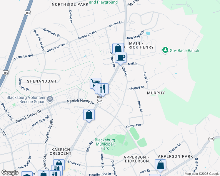 map of restaurants, bars, coffee shops, grocery stores, and more near 1448 North Main Street in Blacksburg