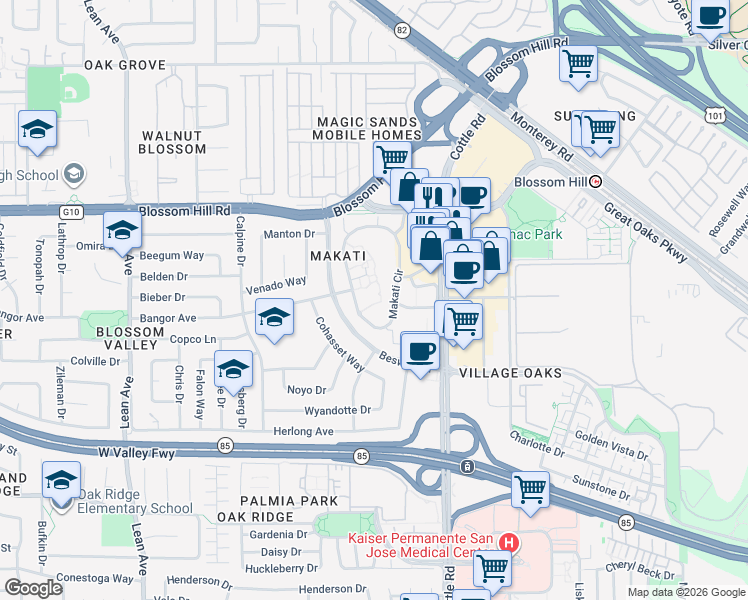 map of restaurants, bars, coffee shops, grocery stores, and more near 5696 Makati Circle in San Jose