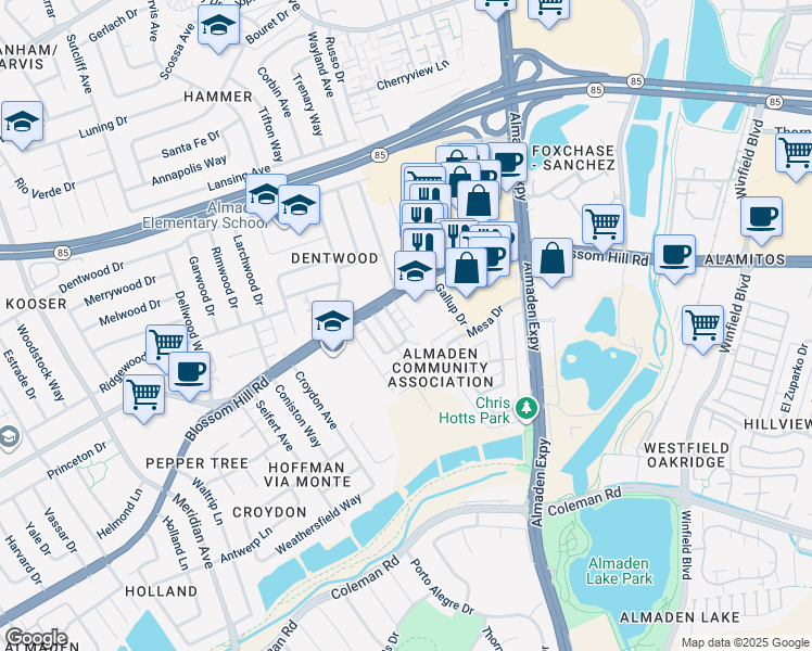 map of restaurants, bars, coffee shops, grocery stores, and more near 5634 Hoffman Court in San Jose