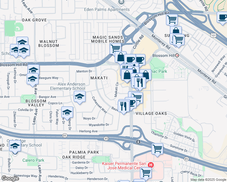 map of restaurants, bars, coffee shops, grocery stores, and more near 5701 Makati Circle in San Jose